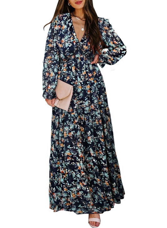 Women'S Red Floral Maxi Dresses Casual Deep V Neck Long Sleeve Evening Dress Cocktail Party Dress for Women, US 12-14(L)